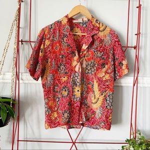 Vintage Silk Floral Print Button Down Blouse M/L